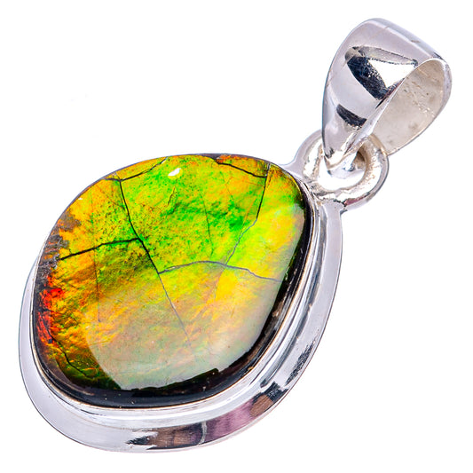Sterling silver ammolite pendant with oval iridescent green-yellow stone and loop bail