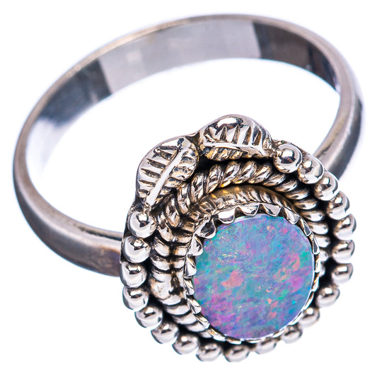Sterling silver opal ring, round opal bezel with beaded band and ornate prongs, size 7.5