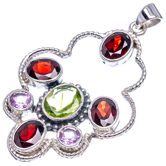 Heart gemstone pendant, sterling silver, with green peridot and purple amethyst accents