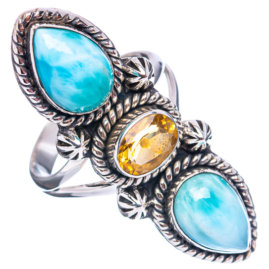 Three-stone larimar and citrine sterling silver ring with rope border and star accents