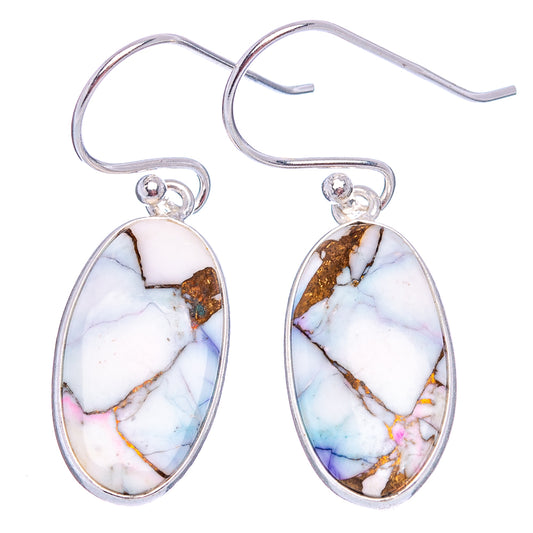 Oval turquoise cabochon drop earrings, white with blue and gold matrix, sterling silver hooks