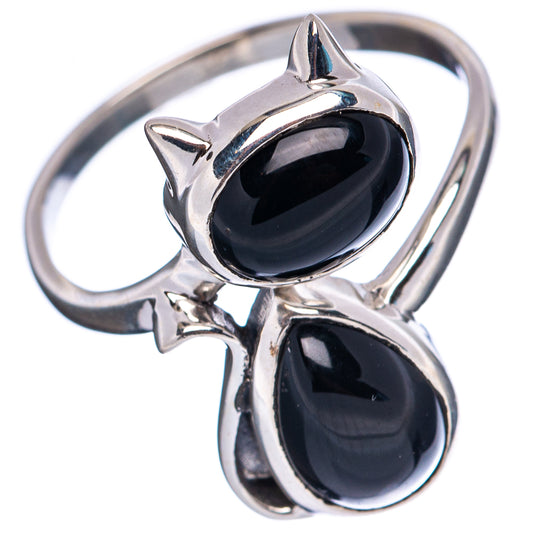 Sterling silver cat ring with dark oval gemstone top and second oval stone below