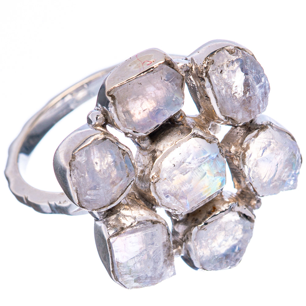 Sterling silver ring with rainbow moonstone cluster, bezel-set faceted stones on band