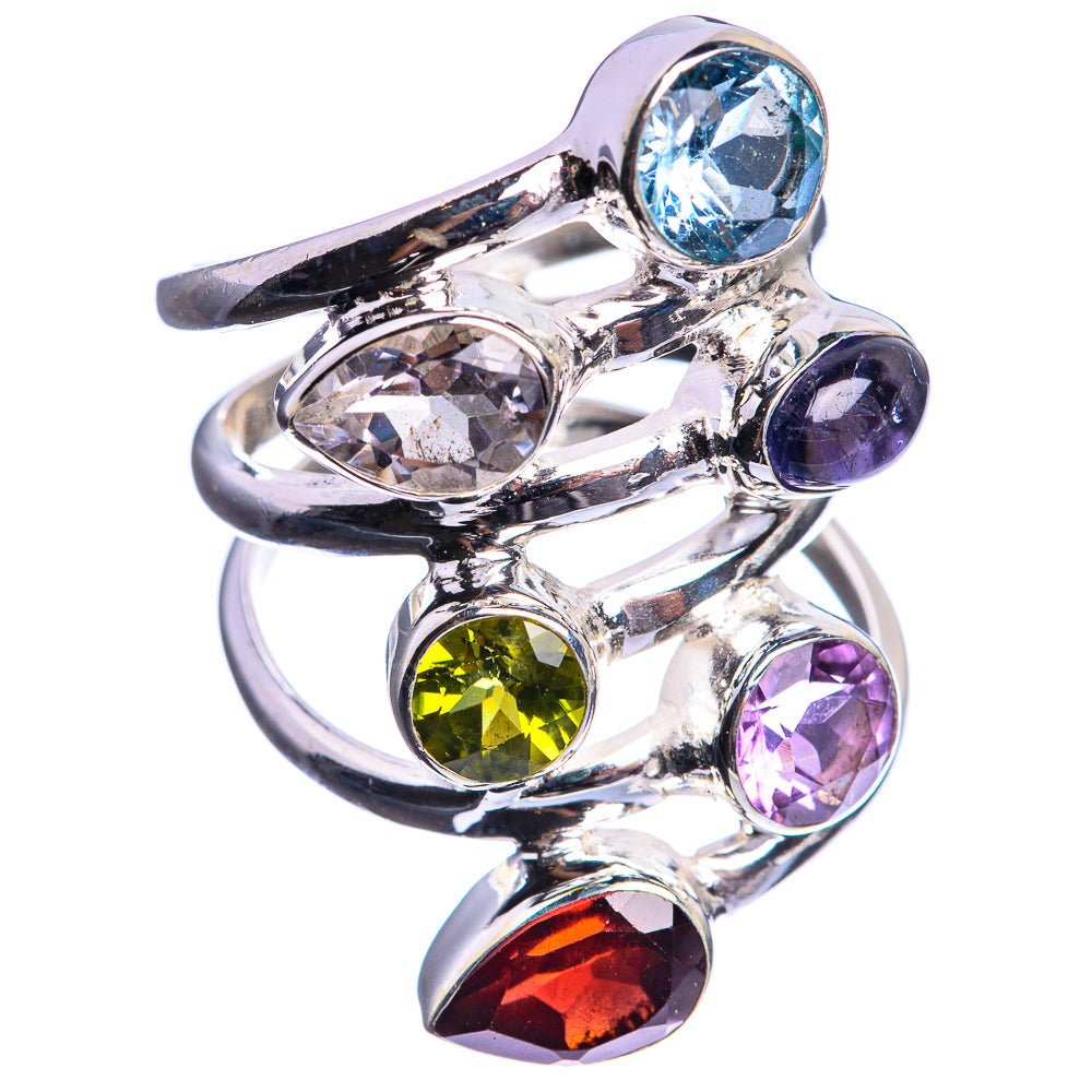 Sterling silver gemstone ring with round blue, purple, green, red stones and clear accents
