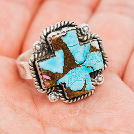 Exclusive Cotton Candy Turquoise Cross Ring Size 9 Adjustable (.925 Sterling Silver)