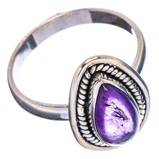 Oval amethyst ring in .925 sterling silver, purple cabochon in ornate beaded frame