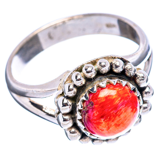 Sterling silver native-style ring with orange-red cabochon and bead bezel border