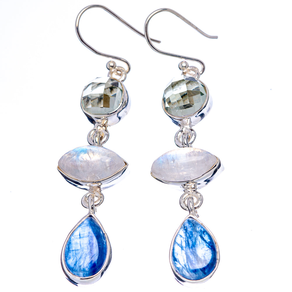 Premium Kyanite, Rainbow Moonstone, White Quartz Earrings 2 1/8" (.925 Sterling Silver)