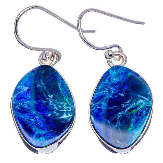 Sterling silver teardrop opal earrings with blue iridescent stones and fishhook backs