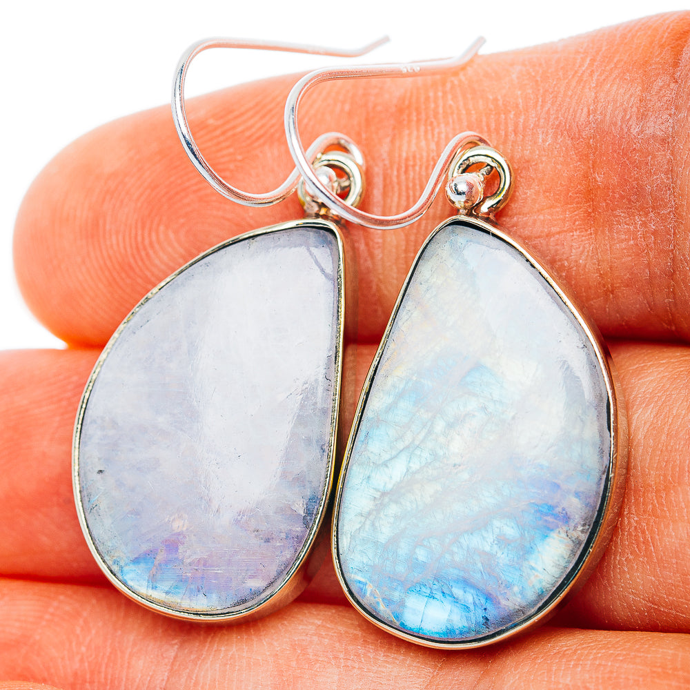 Teardrop moonstone earrings, iridescent opal teardrops on silver-tone hooks