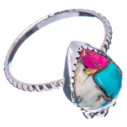 Sterling silver turquoise and pink gemstone ring with scalloped edge, size 10