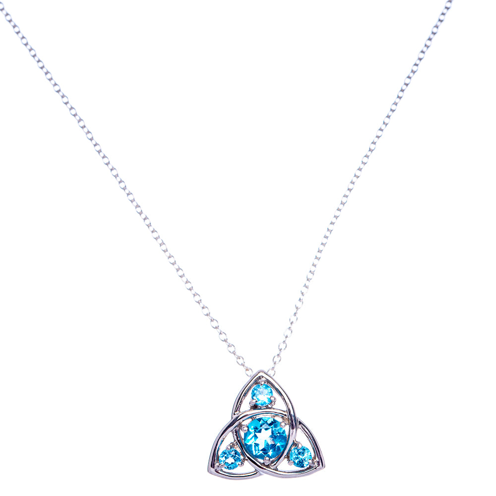 Sterling silver necklace with blue gemstone triangle pendant on chain