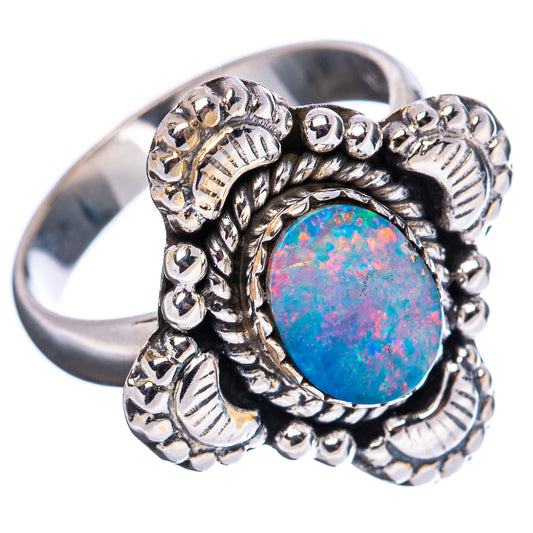 Sterling silver opal ring showing side profile and colorful round opal doublet