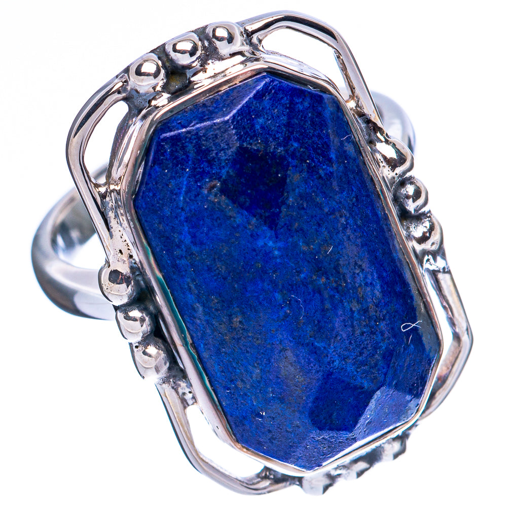 Sterling silver lapis lazuli ring, shield-cut faceted blue stone with bead border