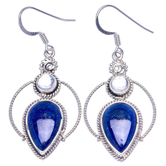 Lapis and moonstone teardrop earrings in .925 sterling silver, blue teardrops with hoops
