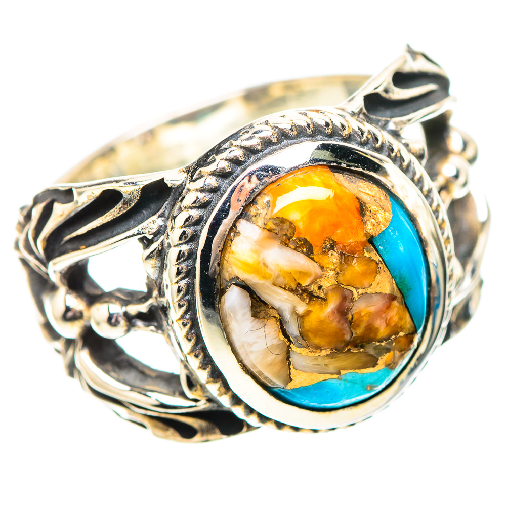 925 sterling silver ring with oval turquoise inlay and amber spiny oyster shell bezel
