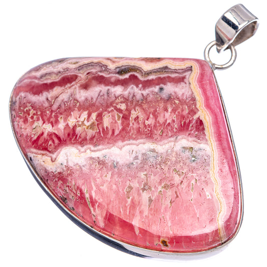 Rhodochrosite teardrop pendant with marbled pink and white layers, .925 sterling silver