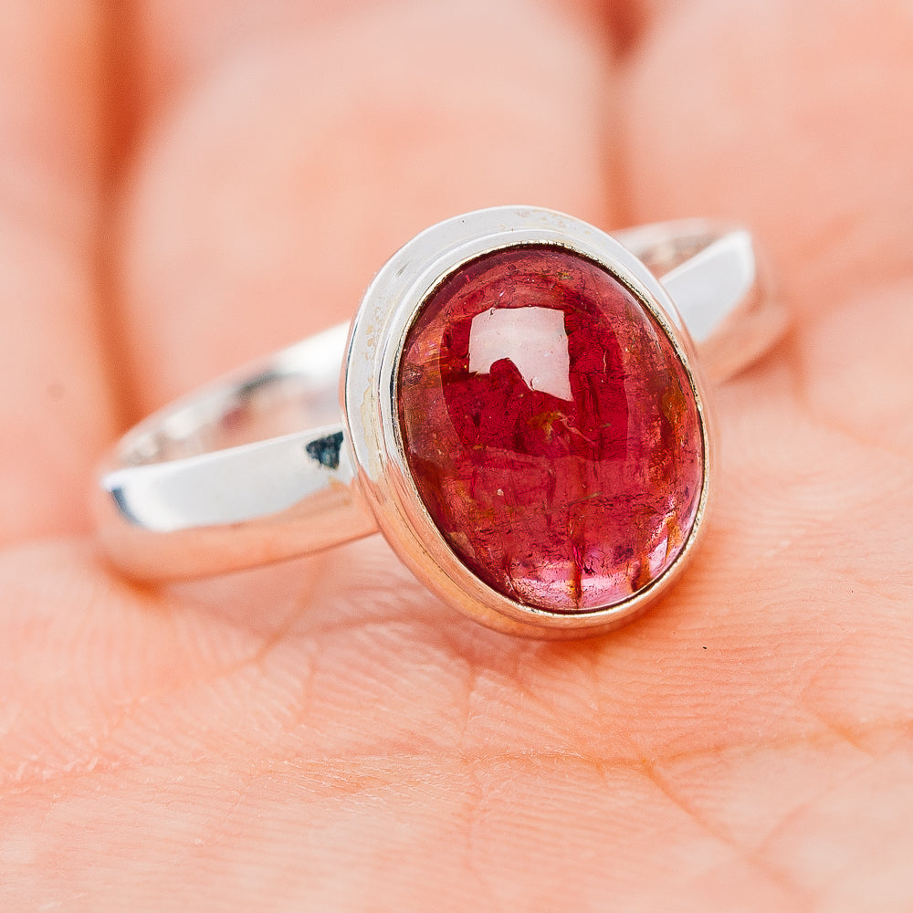 Oval tourmaline gemstone ring in polished .925 sterling silver, pink bezel setting