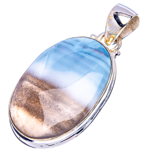 Sterling silver oval opal pendant with blue-white stone and brown streaks, loop bail