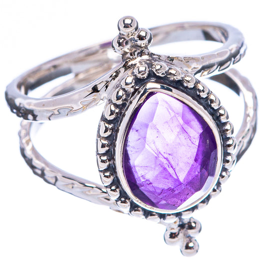 Amethyst oval sterling silver ring with purple gemstone and crown-like beaded setting
