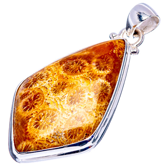 Fossil coral pendant in .925 sterling silver with teardrop amber fossilized coral stone