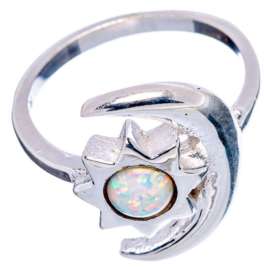 Sterling silver dainty ring with round opal and sun-moon motif, size 6