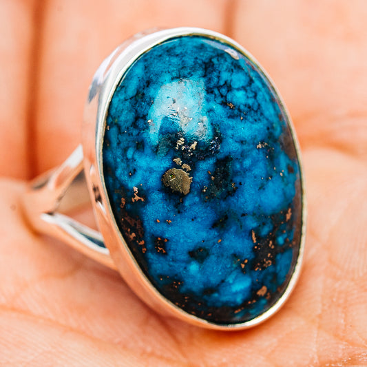 Turquoise oval cabochon sterling silver ring with wide band, raised bezel, gold flecks
