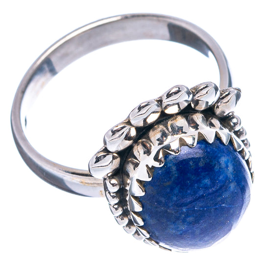 Sterling silver ring with oval blue lapis lazuli, beaded leaf-like bezel, size 6.25