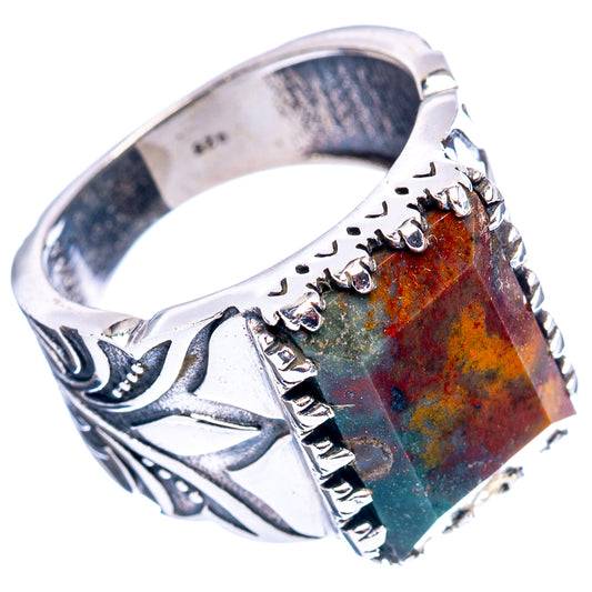 Sterling silver ring with bloodstone-style rectangular gemstone and ornate side details