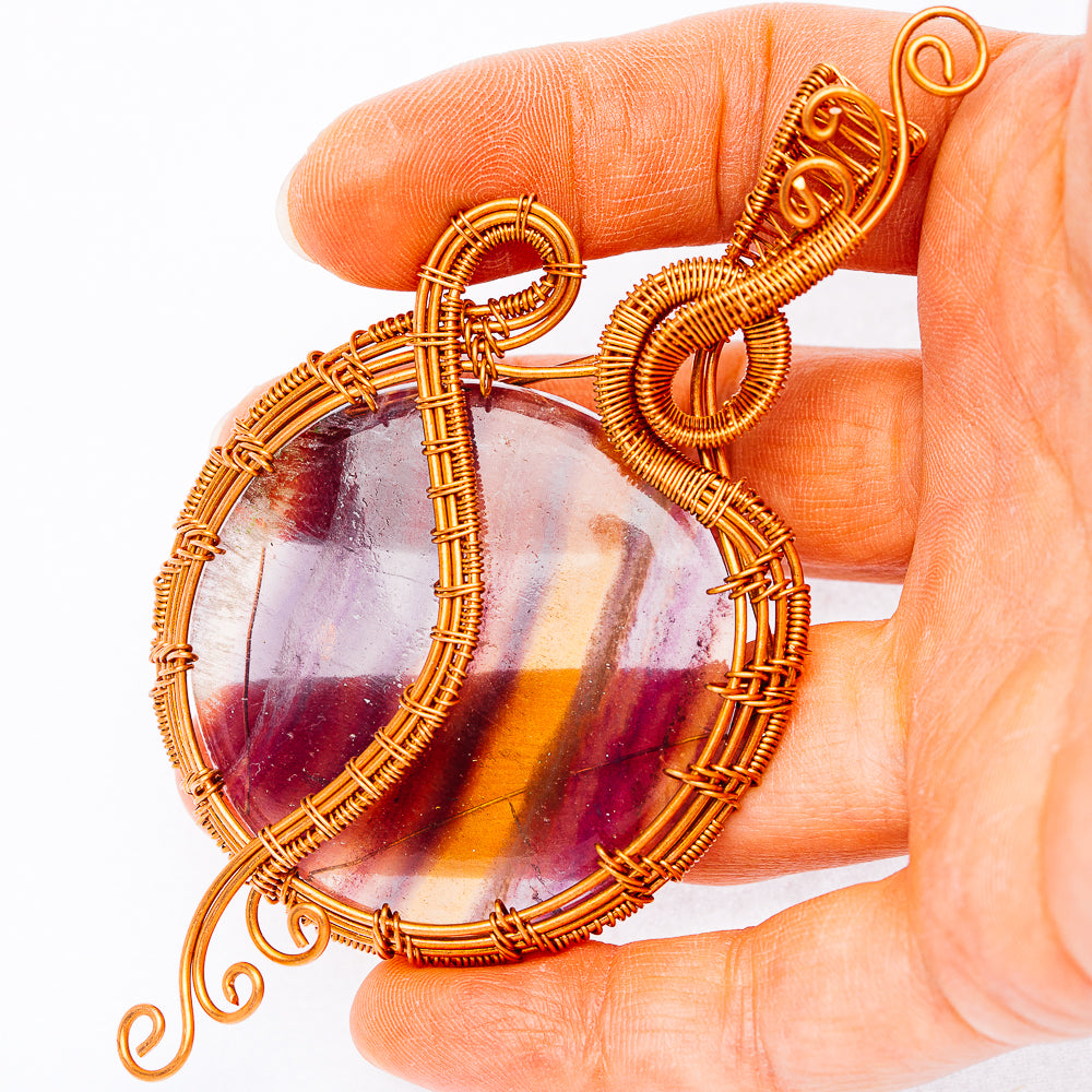 Banded Fluorite Wire Wrap Pendant 4 1/8" (Copper)