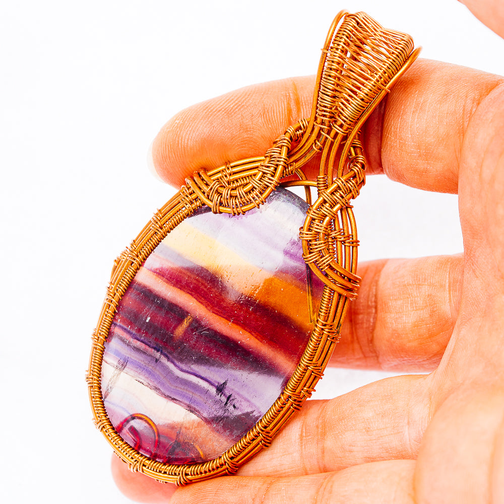 Banded Fluorite Wire Wrap Pendant 3 1/4" (Copper)