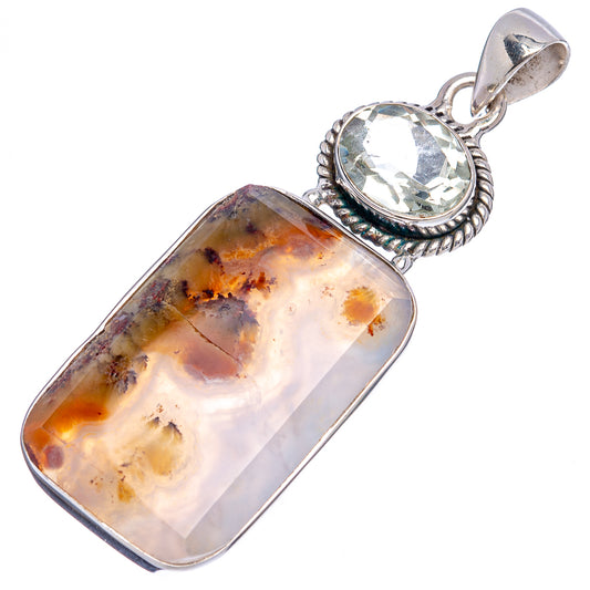 Sterling silver gemstone pendant with rectangular plume agate and round clear top stone