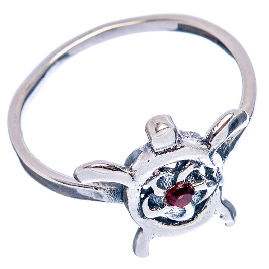 925 sterling silver sea turtle ring with garnet-red gemstone, openwork top detail