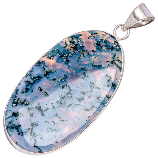 Silver-plated oval moss agate pendant, blue and green flecks with polished shine