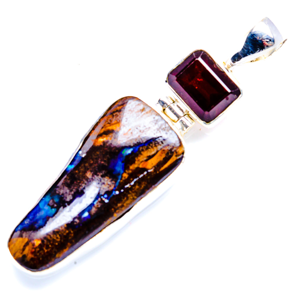 Sterling silver pendant with dark rectangular stone and opal boulder in bezel, bail loop