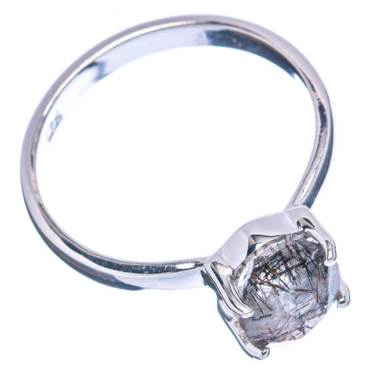 Sterling silver ring with round tourmalinated quartz, prong-set centerpiece