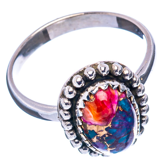 Sterling silver oval stone ring, beaded edge and colorful cabochon