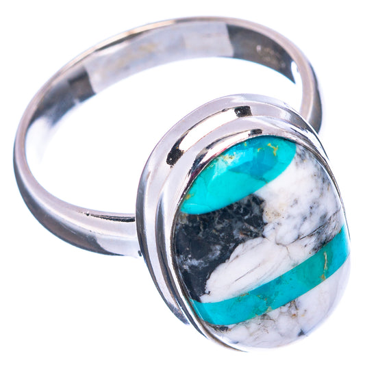 Sterling silver ring with oval turquoise inlay on white/black matrix, size 7.75