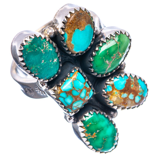 Turquoise cluster sterling silver ring with six green and blue cabochons on black setting