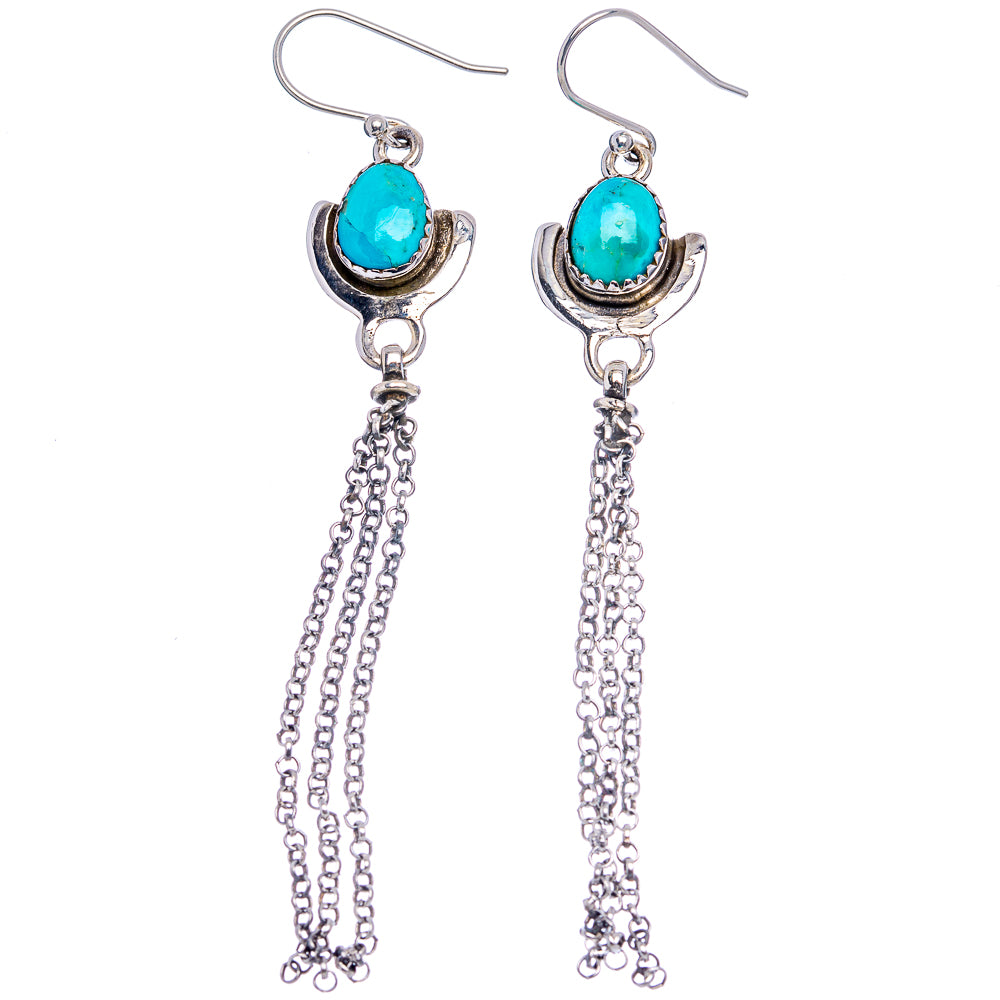 Oval turquoise .925 sterling silver drop earrings with long chain tassels