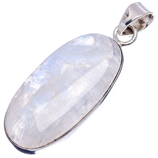 Oval moonstone pendant with silver frame and loop bail, close-up front view.