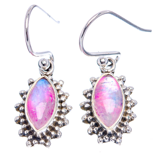 Pink and blue oval moonstone earrings, beaded silver halo, French hook style