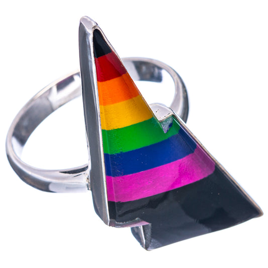 Sterling silver rainbow bolt ring with black enamel top and rainbow stripe detail, size 9.5
