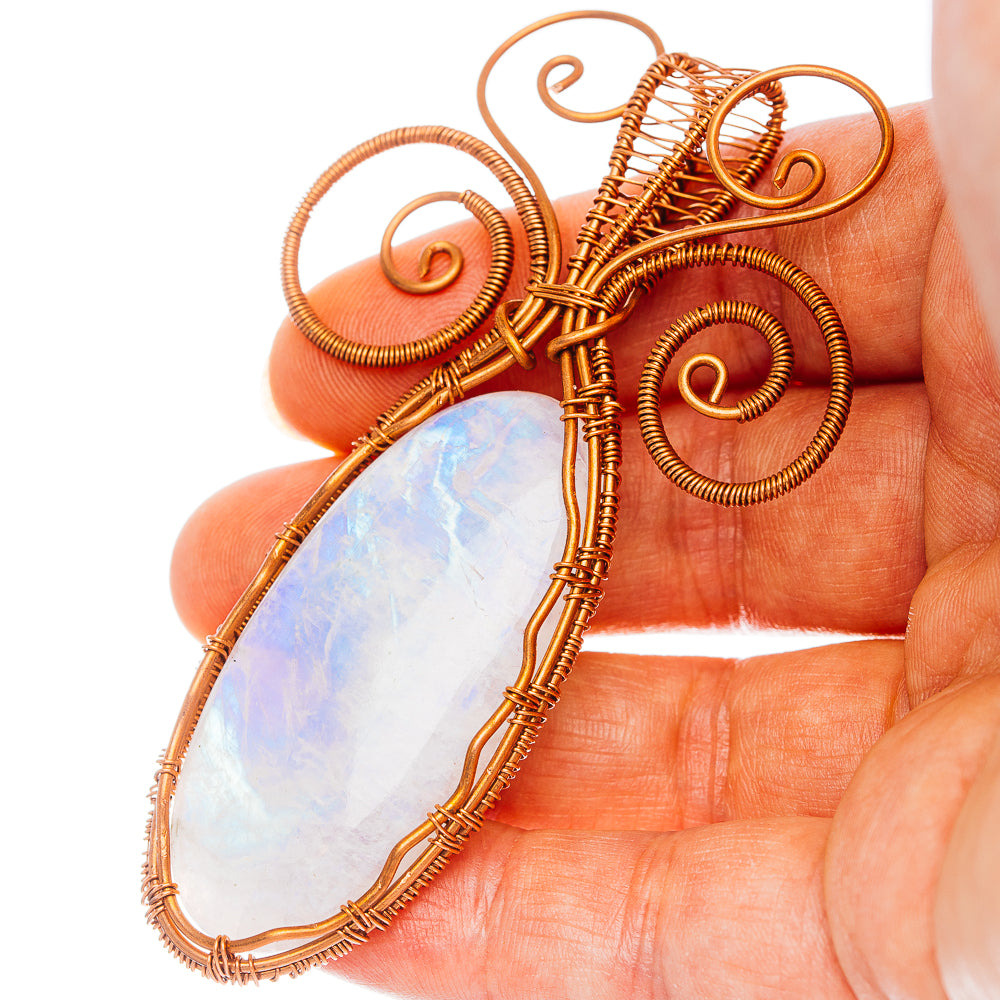 Rainbow Moonstone Wire Wrap Pendant 3 1/4" (Copper)