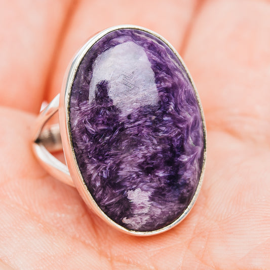 Charoite cabochon sterling silver ring, oval purple stone in split-shank setting, size 7.5