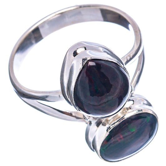 Sterling silver opal ring with stacked dark oval cabochons, polished metal band