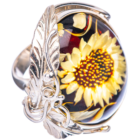 Amber Intaglio Sunflower Ring Size 8 Adjustable (925 Sterling Silver) R3823