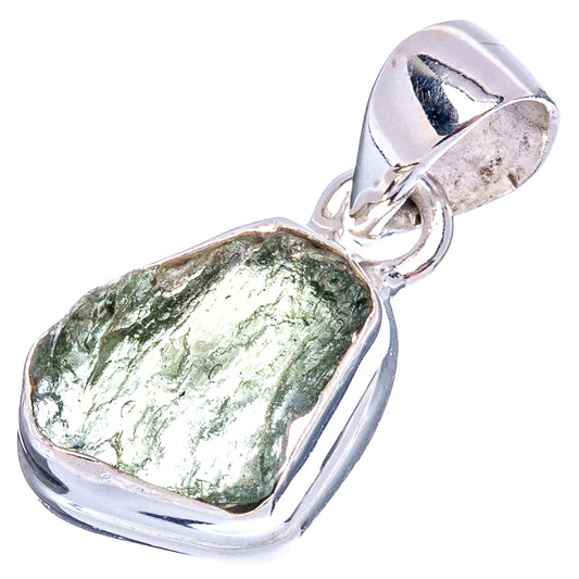 Sterling silver heart pendant with rough shiny green moldavite, side view with bail.