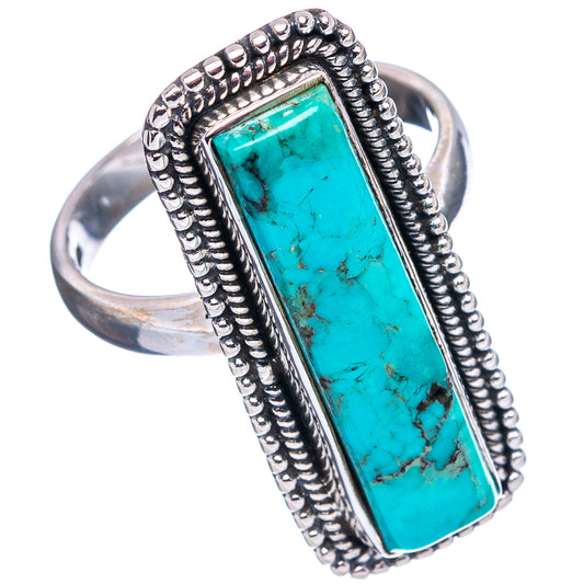 Turquoise rectangle sterling silver ring with beaded border and raised bezel