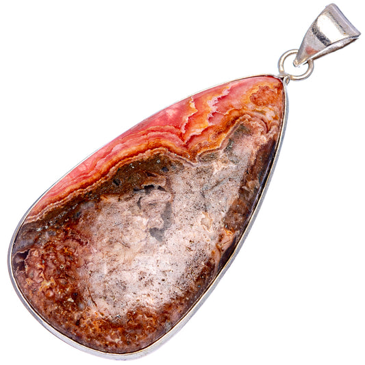 Silver-plated teardrop rhodochrosite pendant with loop bail, marbled red and brown stone